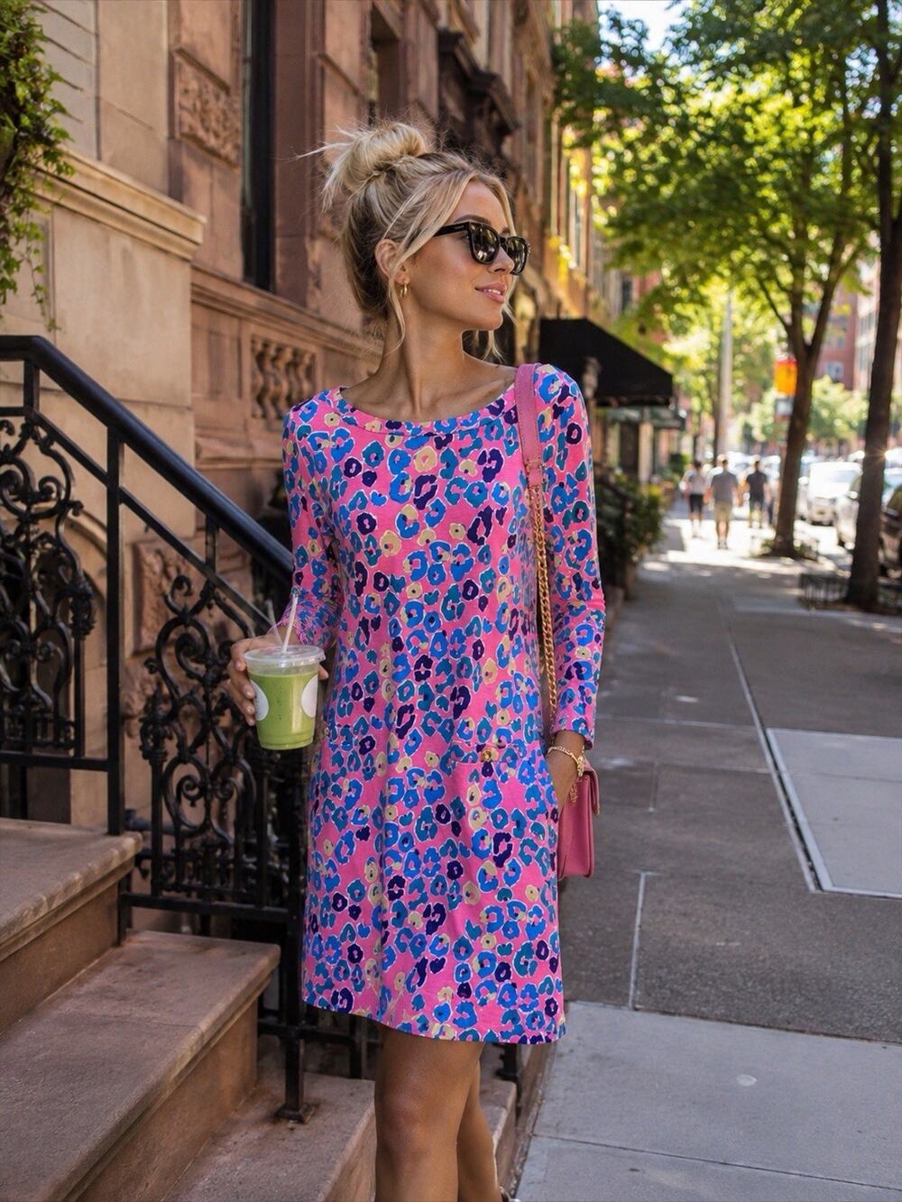 Lilly Pulitzer Dress Pink Paws Leopard 3/4 Sleeves Shift Preppy Coastal Sz M